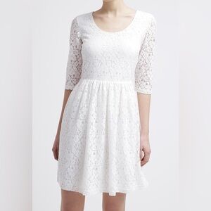 Garage White Floral Lace Half Long Sleeve Scoop Neck Mini Fit and Flare Dress